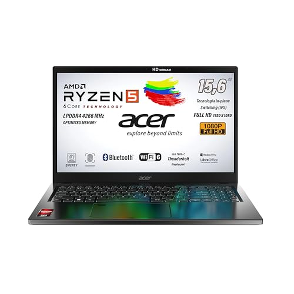 Notebook Acer Aspire Ryzen5 7530U CPU 6Core, až 4.5GHz, 8GB RAM LPDDR4 4266MHz, SSD PCIe NVMe 512GB, FHD 15.6" IPS, klávesnice s